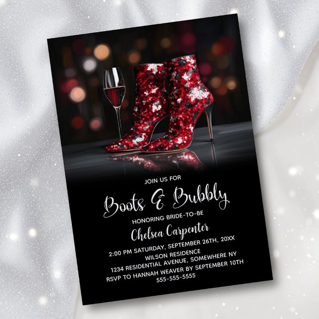 Red Sequin Boots and Bubbly Bridal Shower Invitation (Creator Uploaded)