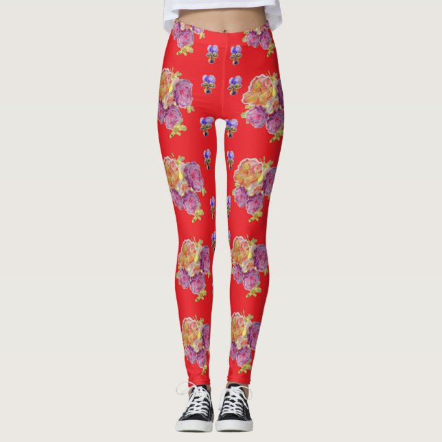 Red Shabby Chic Roses Rose Floral pattern Leggings (Front)
