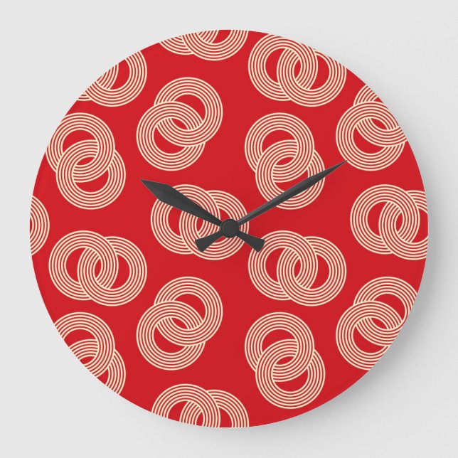 Red shades, interlocked striped rings pattern. large clock (Front)