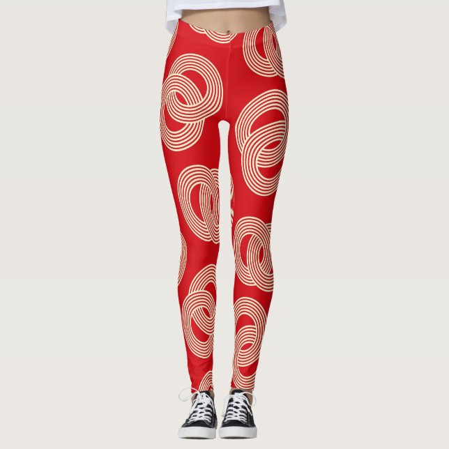 Red shades, interlocked striped rings pattern. leggings (Front)