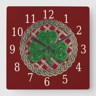 Red Shamrock And Celtic Knots Square Clock