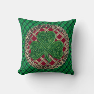Red Shamrock Celtic Knots On Green Plaid Cushion