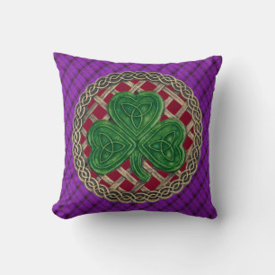 Red Shamrock Celtic Knots On Purple Plaid Cushion