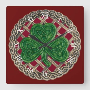 Red Shamrock & Celtic Knots Roman Numerals Clock