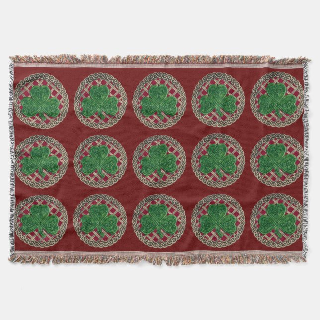 Red Shamrock On Celtic Knots Throw Blanket (Front)
