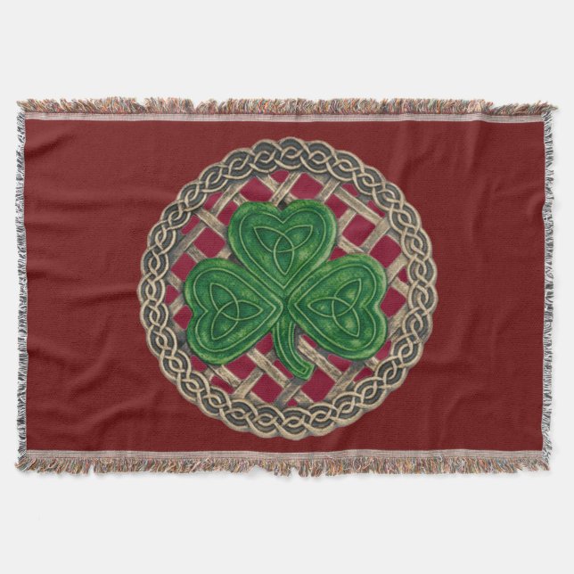 Red Shamrock On Celtic Knots Throw Blanket (Front)