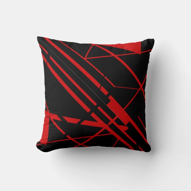 Red Shapes, Lines on Black Abstract Flowing Design Cushion (Front)