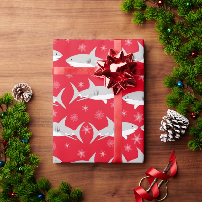 Red Shark and Snowflake Christmas Design Wrapping Paper (Holiday Gift)