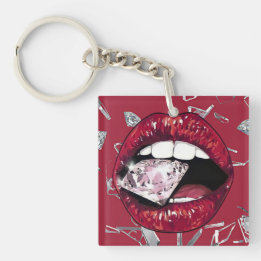 Red shattered glass and diamonds key ring