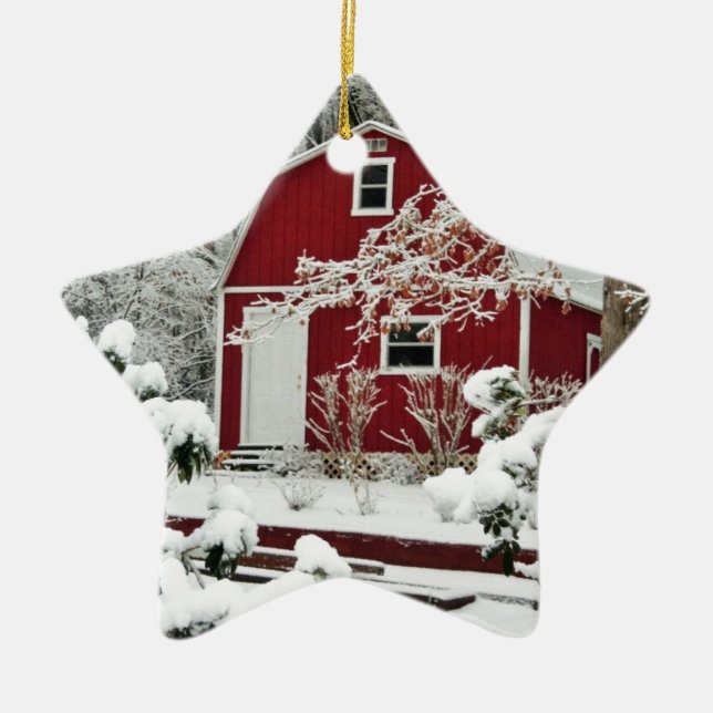 Red Shed During Winter Ceramic Tree Decoration (Front)