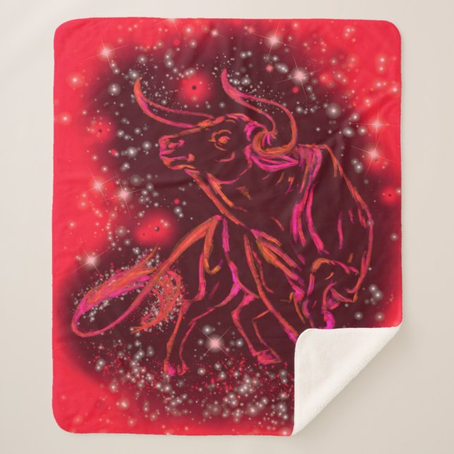 Red Sherpa Blanket Bull Running In Starry Night (Front)