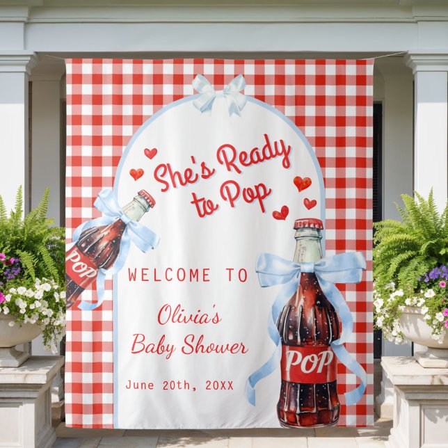 Red She's Ready to Pop Baby Shower Backdrop Tapestry (Red & Blue She's Ready to pop baby shower decoration backdrop)