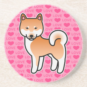 Red Shiba Inu Cartoon Dog On Pink Coaster