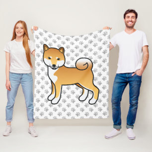Red Shiba Inu Cute Cartoon Dog And Paws Fleece Blanket