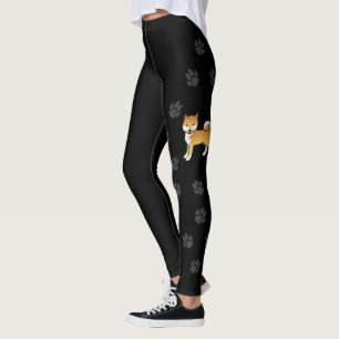Red Shiba Inu Cute Cartoon Dog & Paws Black Leggings