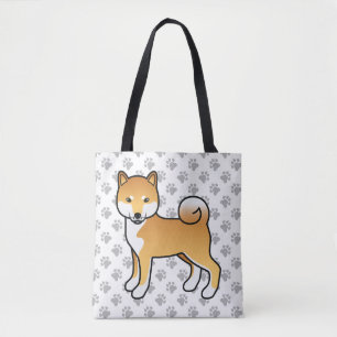 Red Shiba Inu Cute Cartoon Dog & Paws Tote Bag