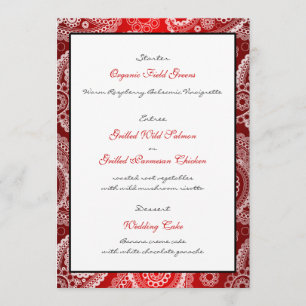 Red Shimmer Satin White Lace Paisley Menu Card