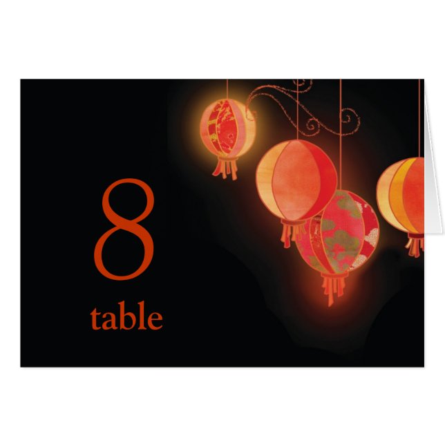 Red Shimmering Lanterns Wedding Table Number Card (Front Horizontal)
