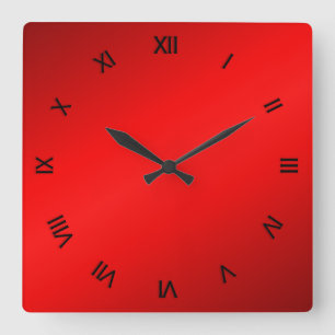 Red Shine Black Roman Numerals Square Wall Clock
