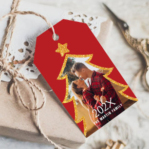 Red Shiny Christmas Tree Personalized Photo Gift Tags