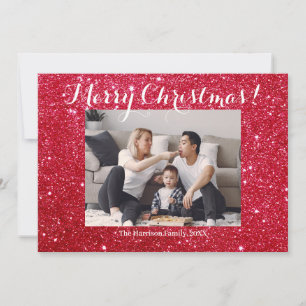 Red Shiny Merry Christmas Family Photo Holiday Card