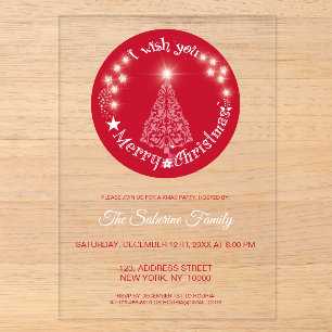 Red Shiny Sparkle, I Wish you Merry Cristmas Tree Acrylic Invitations
