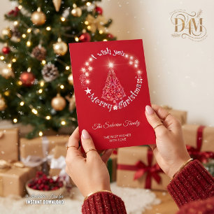 Red Shiny Sparkle, I Wish you Merry Cristmas Tree Card