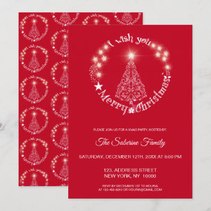Red Shiny Sparkle, I Wish you Merry Cristmas Tree Invitation