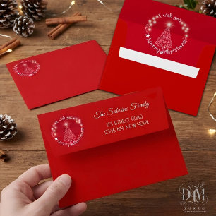 Red Shiny Text, I Wish you Merry Cristmas Tree Envelope