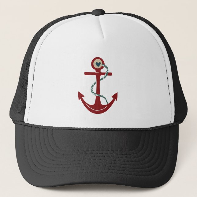 Red Ship Anchor with Heart Trucker Hat (Front)