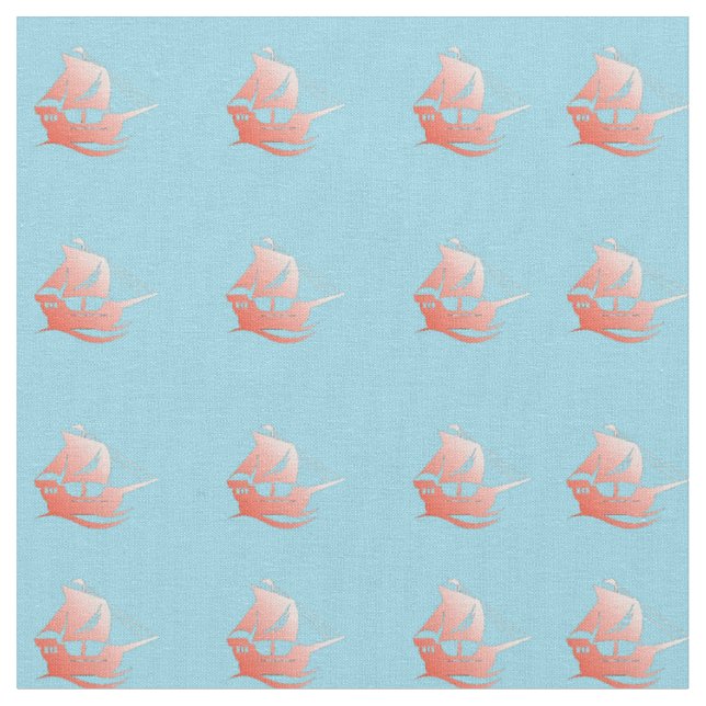 Red ships on blue fabric (Close Up)