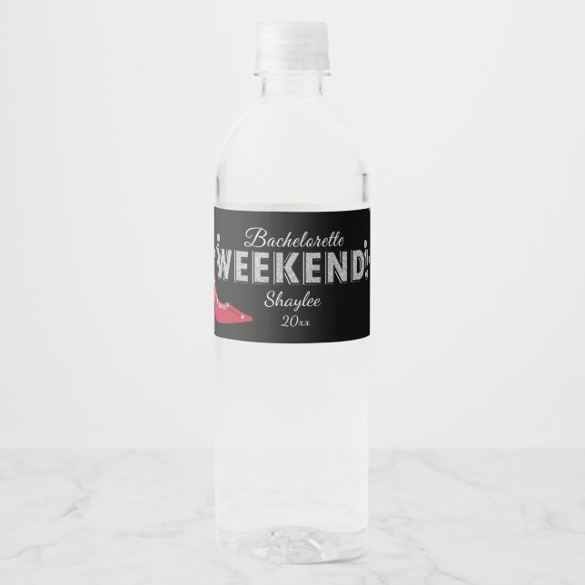 Red Shoe & Glitter, Bachelorette Weekend Water Bottle Label (Front)