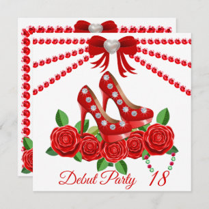 Red Shoes, Jewels And Rose Flower 18th Birthday  Invitation
