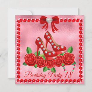 Red Shoes, Jewels And Rose Flower 18th Birthday Invitation
