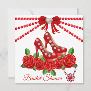 Red Shoes, Jewels And Rose Flower Bridal Shower Invitation