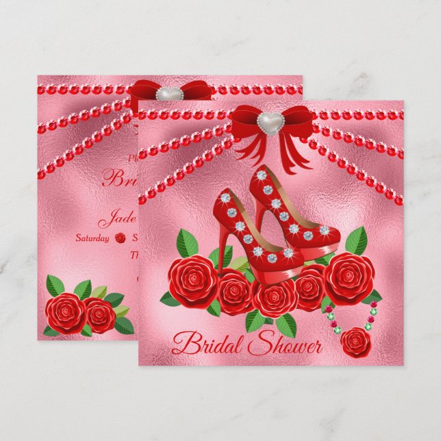 Red Shoes, Jewels And Rose Flower Bridal Shower Invitation (Front/Back)
