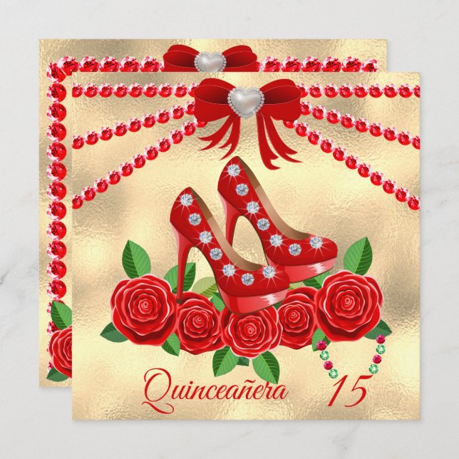 Red Shoes, Jewels And Rose Flower Quinceañera  Invitation (Front/Back)
