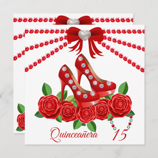 Red Shoes, Jewels And Rose Flower Quinceañera  Invitation (Front/Back)