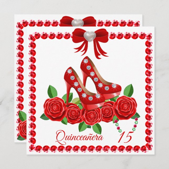 Red Shoes, Jewels And Rose Flower Quinceañera  Invitation (Front/Back)