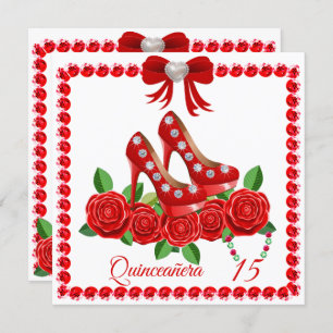 Red Shoes, Jewels And Rose Flower Quinceañera  Invitation