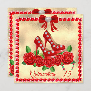 Red Shoes, Jewels And Rose Flower Quinceañera Invitation
