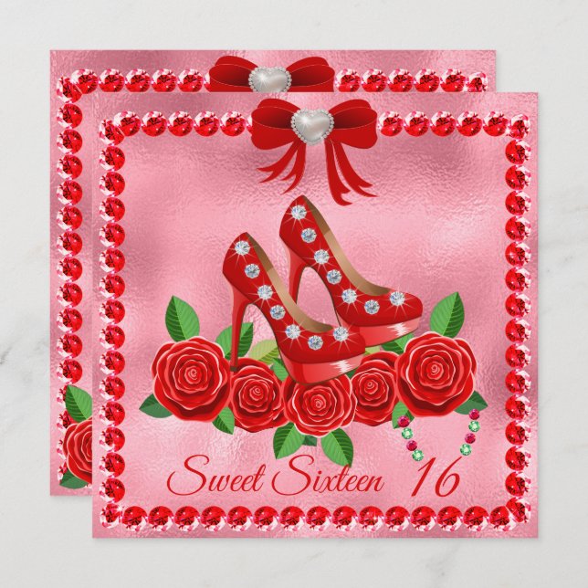 Red Shoes, Jewels And Rose Flower Sweet Sixteen Invitation (Front/Back)
