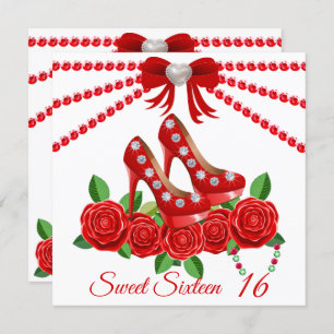 Red Shoes, Jewels And Rose Flower Sweet Sixteen  Invitation