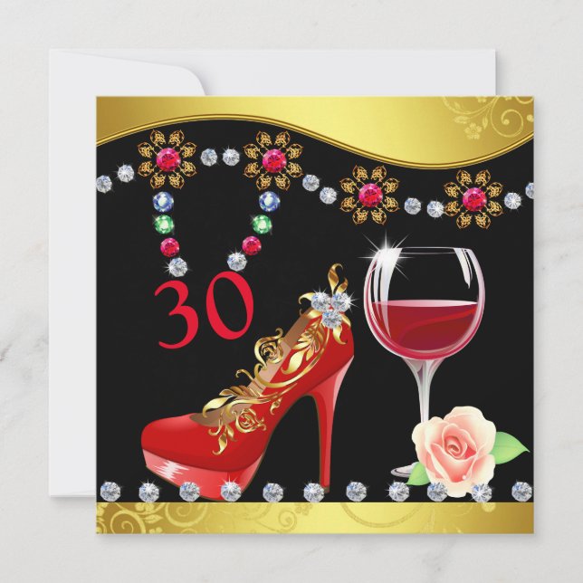 Red Shoes, Wine & Jewels 30th Birthday Invitation (Front)