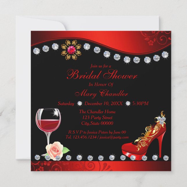 Red Shoes, Wine & Jewels Black Red Bridal Shower 1 Invitation (Back)