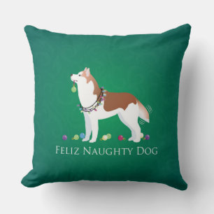 Red Siberian Husky Feliz Naughty Dog Christmas Cushion