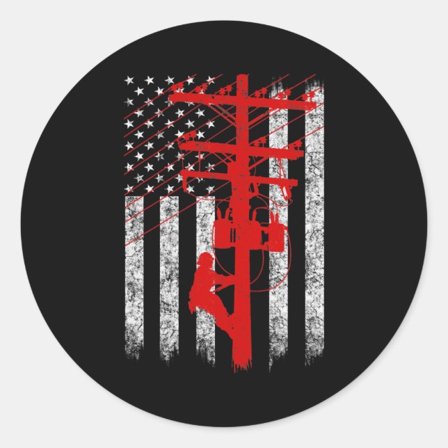 Red Silhouette American Flag Lineman Electrician  Classic Round Sticker (Front)
