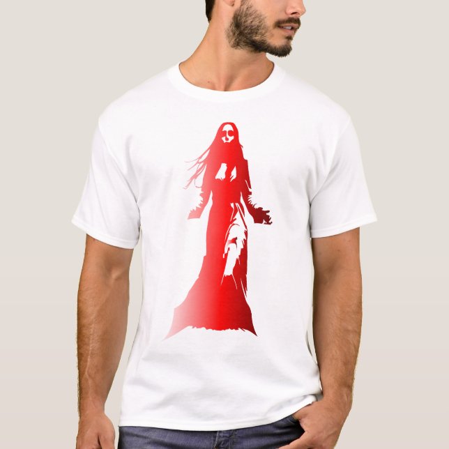 Red silhouette of a woman with long hair flowing b T-Shirt (Front)