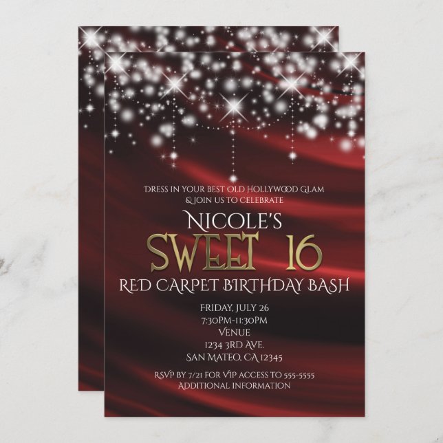 Red Silk & Sparkle Gold Sweet 16 Glam Invitations (Front/Back)