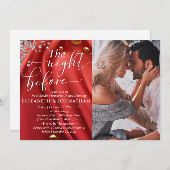 Red Silk The Night Before Rehearsal Dinner Photo Invitation (Front/Back)